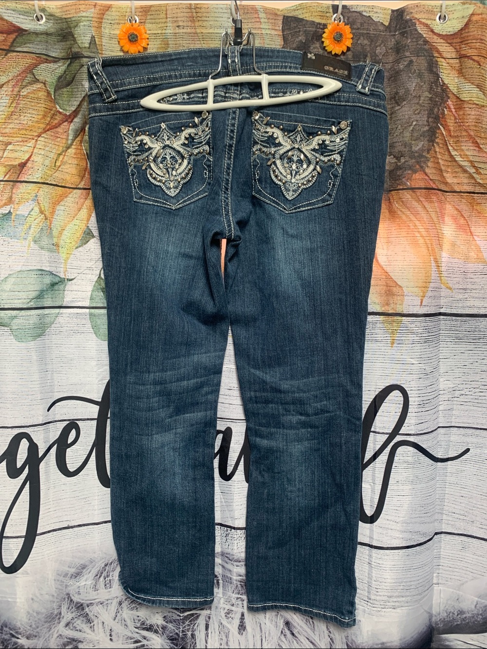 Grace Dark Blue Straight Leg Jeans with Embroidered Back Pockets